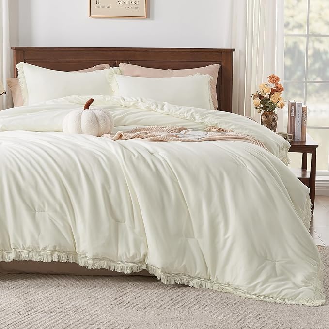 Andency King Size Comforter Set Ivory, 3 Pieces Boho Soft Lightweight Bedding Comforter Sets, Tassel All Season Bed Set (104x90In Comforter & 2 Pillowcases)