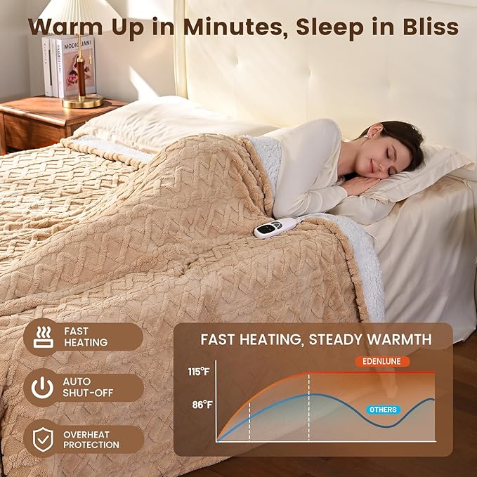 Heated Throw Blanket Electric 50"x60" - Soft Sherpa Throws with 9 Heat Levels and 1-10 Hour Timer, Machine Washable, Cozy Couch Blanket for Home & Office, Christmas & House Warming Gifts - Beige