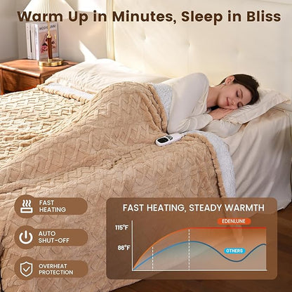 Heated Blanket Electric Twin Size - 62"x84" Electric Blanket with 9 Heat Levels and 1-10 Hours Timer, Soft Jacquard Fleece & Sherpa Washable, Great Gift Idea - Beige
