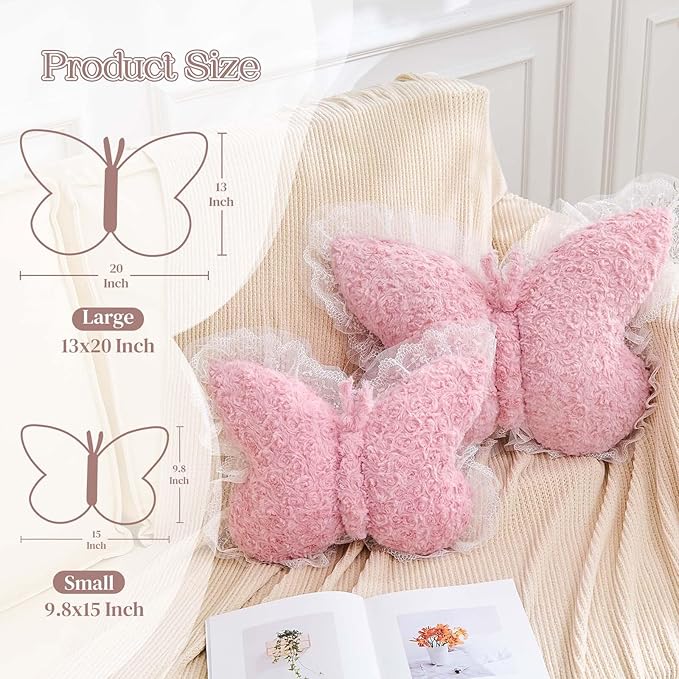 Butterfly Pillow Dusty Pink Decorative Pillows 20" Butterfly Shaped Cute Throw Pillows with Lace Aesthetic Bow Plush Cushion for Room Decor Bed Sofa Couch