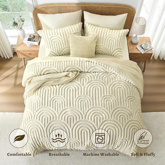 Nesker Boho Tufted King Comforter Set, 7 Pcs Beige Bedding Sets, Soft Cozy Chic Bed in a Bag, Arch Pattern Shabby Bed Set All Season with Comforter, Fitted Sheet, Flat Sheet & Pillowcases
