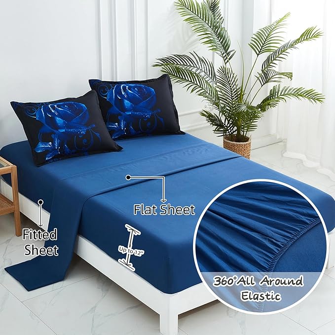 Blue Comforter Set California King 7 Piece Bed in a Bag Blue Rose Comforter with Sheet Set Soft Micorfiber Reversible Bedding Set (1 Comforter,2 Pillow Shams,1 Flat Sheet,1 Fitted Sheet,2 Pillowcases)