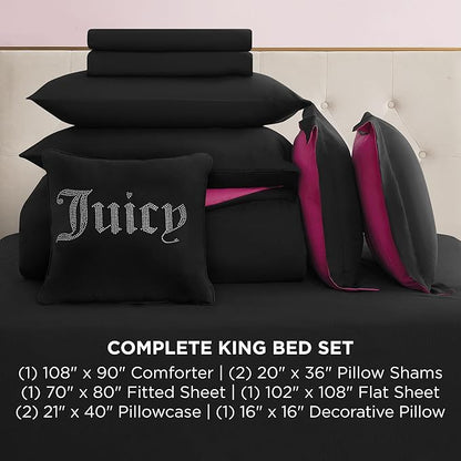 Juicy Couture Alexis Reversible Comforter Set, King Bed in a Bag – Black/Hot Pink, 8-Piece Bedding Collection
