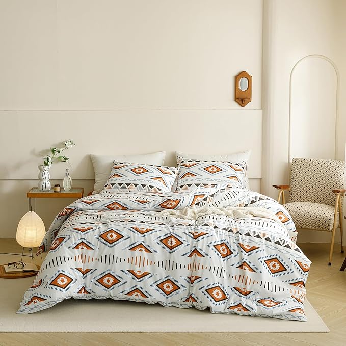 CLOTHKNOW Geometric Comforter Set California King Southwest Aztec Bedding Comforter Sets White Comforter California King