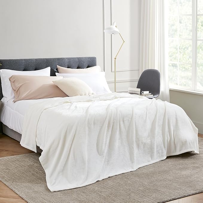 Hansleep Flannel Fleece Throw Blanket Twin Size, Super Soft Fluffy Bed Plush Blanket Throw, Luxury Fuzzy Cozy Couch Blanket for All Seasons, White, Twin 60x80