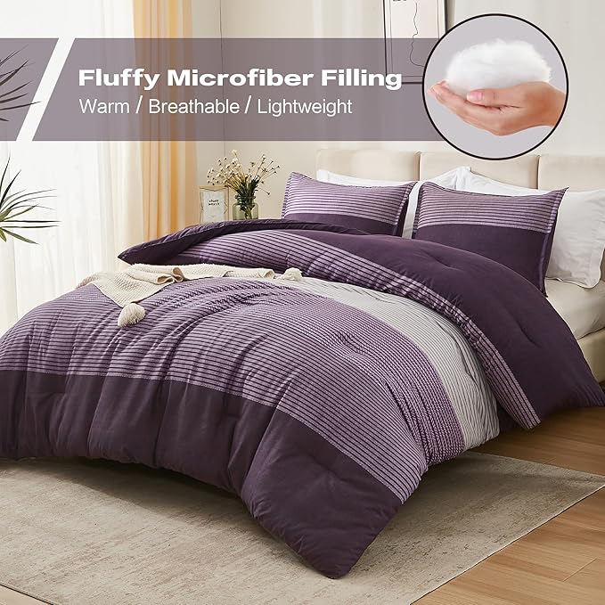 Litanika California King Comforter Set Purple - 3 Pieces Cal King Oversized Lightweight Purple White Colorblock Stripe Bedding Set (104x96In, 2 Pillowcases)