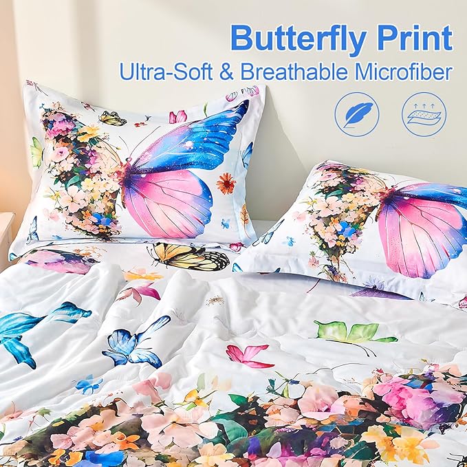 7 Piece Butterfly Comforter Set Twin Size 3D Colorful Floral Butterflies Bedding Set for Kids Girls Women for Birthday