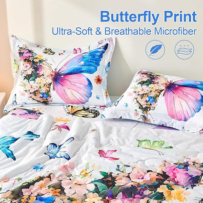 7 Piece Butterfly Comforter Set Queen Size 3D Colorful Floral Butterflies Bedding Set for Kids Girls Women for Birthday