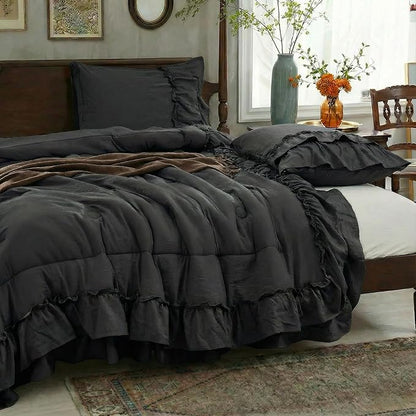 Black Comforter Set Queen Boho Bedding Set Shabby Chic 2 Layers Ruffled Bedroom Home Decor Ultra Soft Microfiber Farmhouse Down Comforter Bohemian Quilt Set