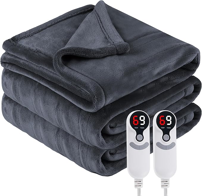 Electric Heated Blanket Queen Size 84"x90", Soft Plush Microplush for Bed, Dual Controllers & Heating Zones, 1-10Hs Auto Off & 6 Heating Levels, Machine Washable, Gifts for Family-Dark Gray