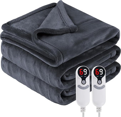 Electric Heated Blanket Queen Size 84"x90", Soft Plush Microplush for Bed, Dual Controllers & Heating Zones, 1-10Hs Auto Off & 6 Heating Levels, Machine Washable, Gifts for Family-Dark Gray