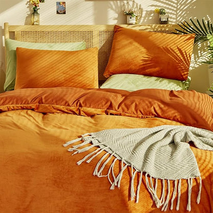 KAREVER Burnt Orange Color Velvet Comforter Set Cal King Solid Rust Color Flannel Velvet Bedding Comforter Set All Caramel Colour 3 PCs Shaggy Soft Warm and Durable Flannel Blanket Cal King