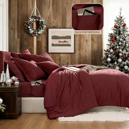 Geniospin Queen Comforter Set - 7 Pieces Comforter Queen Size, Solid Bedding Set for All Season, Dark Red Textured Bed in a Bag with Sheets