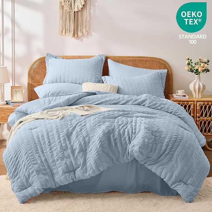 FUANNA Queen Comforter Set 7 Pieces, Luxury Seersucker Bed in a Bag Queen Size for All Seasons, Soft Bedding Set with Comforter, Flat Sheet, Fitted Sheet, Pillowcases & Shams for Bedroom, Grayish Blue