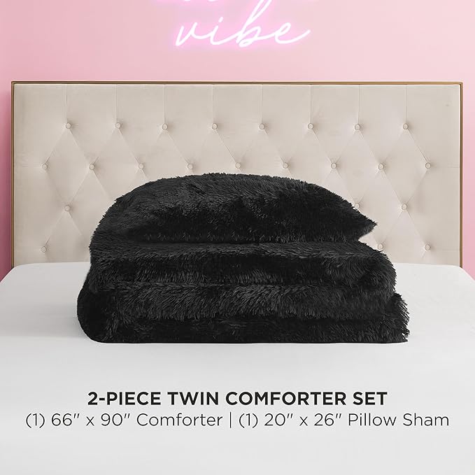 Juicy Couture Shaggy Faux Fur Black Twin/Twin XL Comforter Set - Soft and Cozy 2-Piece Machine Washable Bedding Comforter and Sham Set