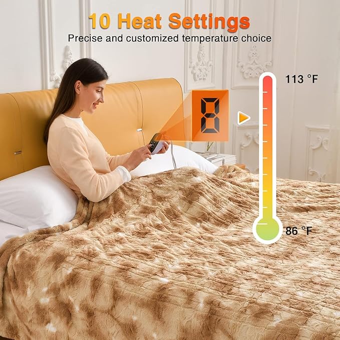 WOOMER Heated Blanket Queen Size 84" x 90", Electric Blanket with 0.5-12 Hours Timer & 10 Heating Levels, ETL Certified, Marble Blue Double-Sided Faux Fur, Machine Washable