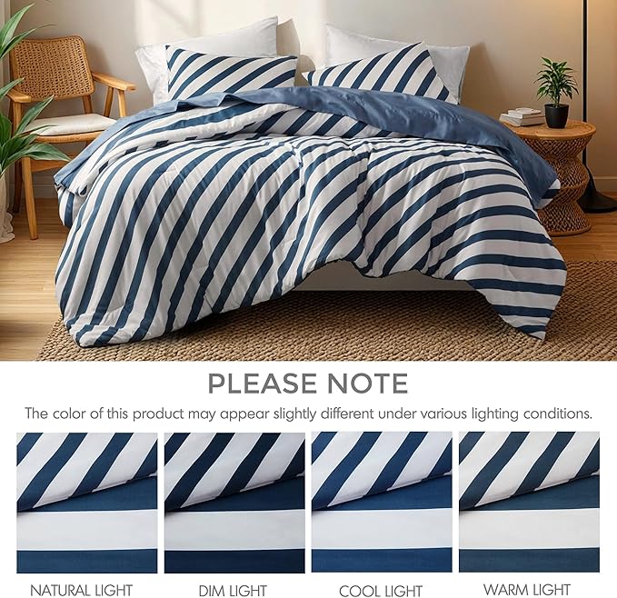 Reversible Striped Twin Comforter Set, Soft Microfiber Bedding Set with Double-Sided Stripes Design, Warm & Cozy for All-Seasons, 2-Piece Comforter and Sham Set Twin Size, Navy