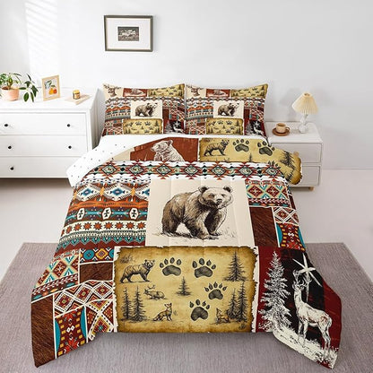 Erosebridal Rustic Cabin Comforter Set Bohemian Aztec Quilt,Woodland Animals Bear Moose Elk Deer Bedding Sets King,Indian Tribal Geometric Diamond Duvet Insert Retro Western Home Decor