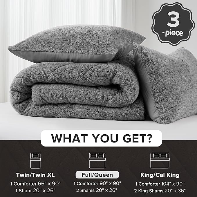 Comfort Spaces Queen Comforter Set Reversible Feather-Soft Plush Comforters for Queen Size Bed All Season Lightweight Shearling Fleece Sherpa Comforter Queen Size Bed Set, Full/Queen, Grey 3 Piece