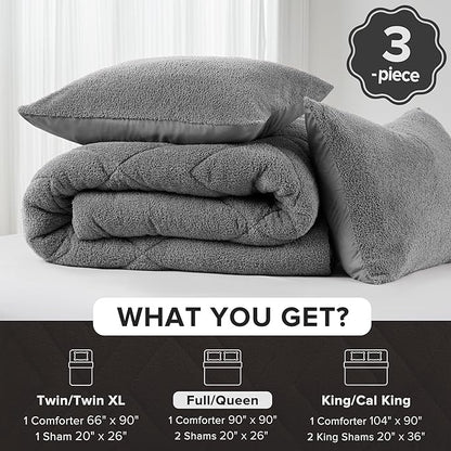 Comfort Spaces Queen Comforter Set Reversible Feather-Soft Plush Comforters for Queen Size Bed All Season Lightweight Shearling Fleece Sherpa Comforter Queen Size Bed Set, Full/Queen, Grey 3 Piece