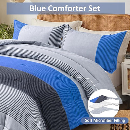 WONGS BEDDING Blue Stripe Comforter Set Twin Reversible Grey Blue Bedding Comforter Set for Twin Bed, 2 Pieces (1 Comforter+1 Pillowcase), Soft Microfiber Filling Duvet Set 68”×86”