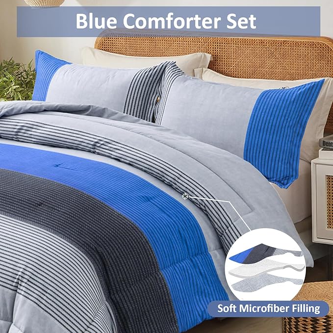 WONGS BEDDING Blue Comforter Set Queen, Reversible Blue Grey Striped Patchwork Alternative Comforter for Queen Bed,3 Pieces (1 Comforter+2 Pillowcases), Soft Microfiber Bedding Duvet Set 90"×90"