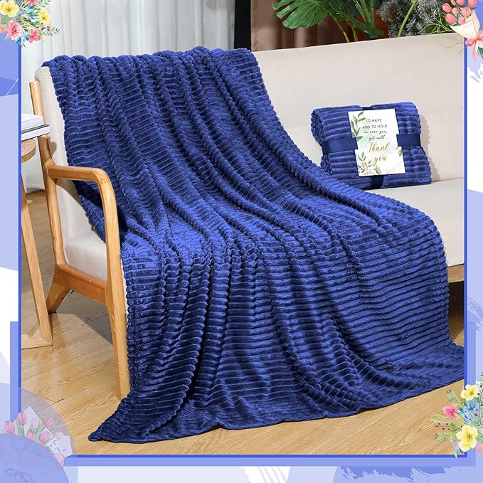 Buryeah 12 Pcs Wedding Flannel Fleece Throw Blanket Bulk with Thank You Card and Ribbon, 50 x 60 in Oeko-TEX Standard 100 Certified Blankets Outdoor Wedding, Guest Party Souvenirs (Navy)