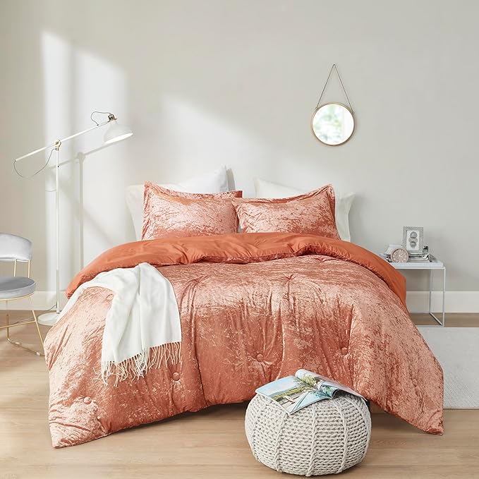 Comfort Spaces Luxe Twin Comforter Set Velvet Comforters for Twin Size Bed, Microfiber Reverse, Juliette, All Season Velvet Bedding Twin Size, Fluffy Bed Set, Sham, Twin/Twin XL, Burnt Orange 2 Piece