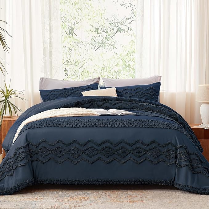 Luxudecor Navy Blue Boho Tufted Comforter Set Full Size 3 Pieces Boho Shabby Chic Comforter Farmhouse Embroidery Bedding Set Soft Comforter for All Seasons (Navy Blue, 80''x90'')