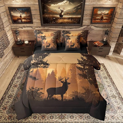 Erosebridal Woodland Deer Comforter Set Queen Size for Kids Boys Girls - 7 Pieces Hunting Antler Moose Bedding Set with Sheets Country Rustic Farmhouse Quilt Set Wild Animal Bed in A Bag