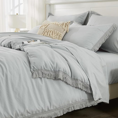 Andency Light Grey Full Size Comforter Set with Sheets - 7 Pieces Boho Tassel Bed in a Bag Soft Lightweight Bedding Sets, Light Grey Fringe Bed Set with Comforter, Sheets, Pillowcases & Shams