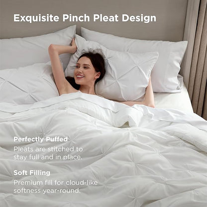 Bedsure Queen Comforter Set White - Bed in a Bag Queen Size Bedding 7 Pieces, GentleSoft™ Pintuck Bed Set Gift for Family, Pinch Pleat All Season Comforter with Sheets, Pillowcases & Shams