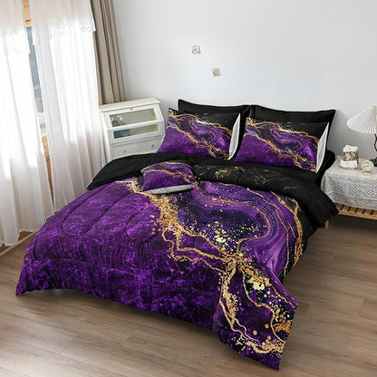 Black Gold Comforter Set 8 Pcs Purple Marble Bedding Set Full Size Bed in A Bag Stone Texture Abstract Room Decor