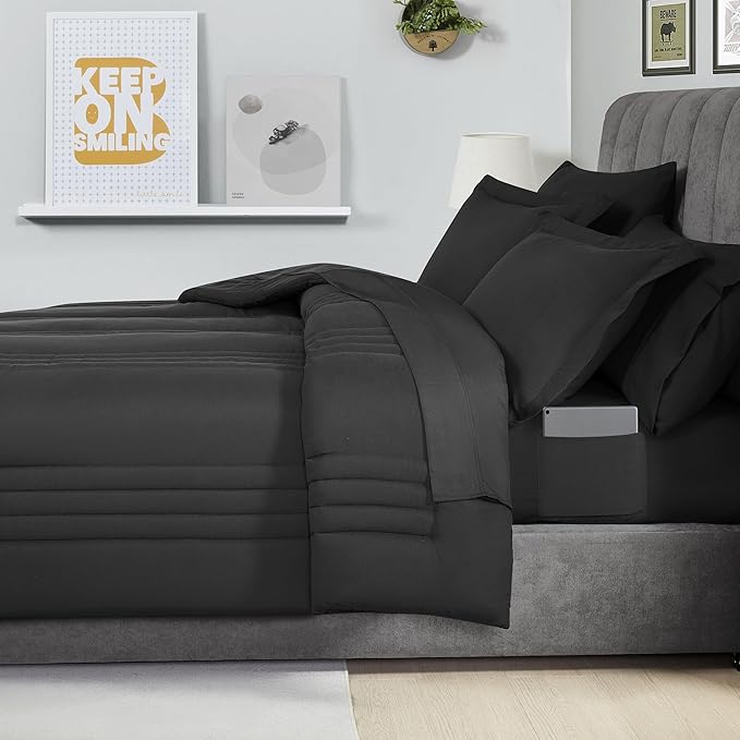 Full Size Comforter Set Quilted Stripe Bedding Bundle – Stylish Set with Comforter, Mattress Protector, Sheet Set & Pillow Shams — Sophisticated Striped Design for Home & Guest Rooms, Black