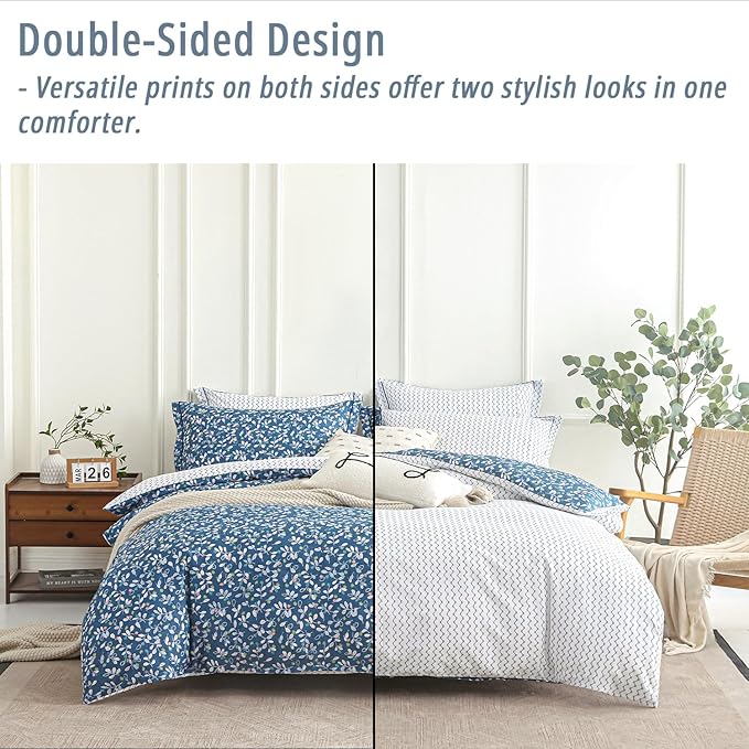 Blue Floral Cotton Comforter Queen Size - White Leaves with Delicate Soft Green & Blush Floral Print, Blue Chevron on White Reverse – 3PC Lightweight Bedding Set with Soft Fill(90"×90")
