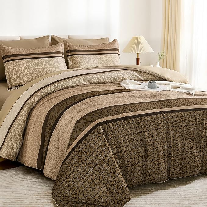 WONGS BEDDING Comforter Set Full Size, Brown Striped 7 Pieces Bed in a Bag Comforter and Sheet Set, Minimalist Geometric Soft Lightweight Micorfiber Bedding Set for All Season (78"×90")
