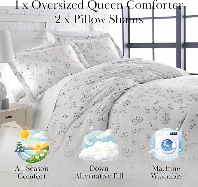 Southshore Fine Living, Inc. 3-Piece Comforter Full Size Set, Down Alternative All-Season Floral Comforter with Matching Shams, Soft Flowered Bedspread, Full or Queen Bedding, Sweet Florals Grey