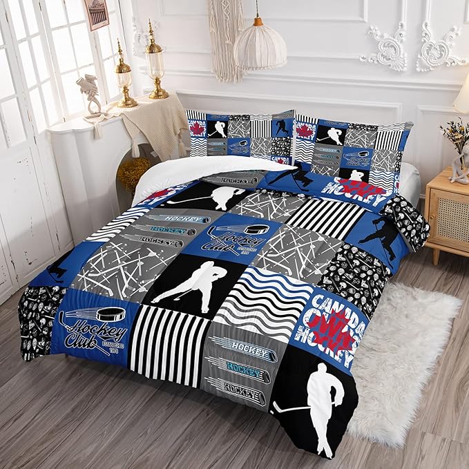 HOSIMA Ice Hockey Full Size Comforter Sets for Boys Kids Teens Bedroom Decor,Soft Microfiber Sports Theme Blue and Gray Hockey Bedding with 2 Pillowcases,Hockey Player Bedding Comforters & Sets.