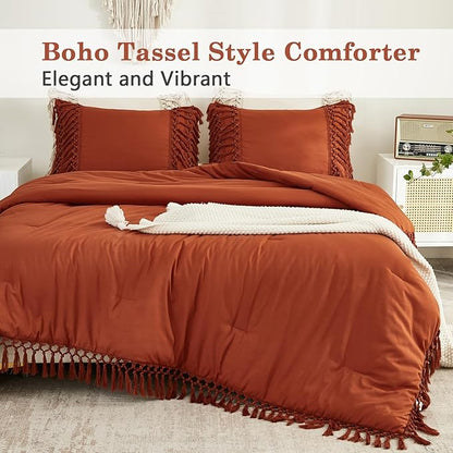 Andency Burnt Orange Comforter Set California King, 3 Pieces Boho Cal King Tassel Lightweight Soft Bedding Comforter Sets, Oversized Bed Set (104x96In Comforter & 2 Pillowcases)