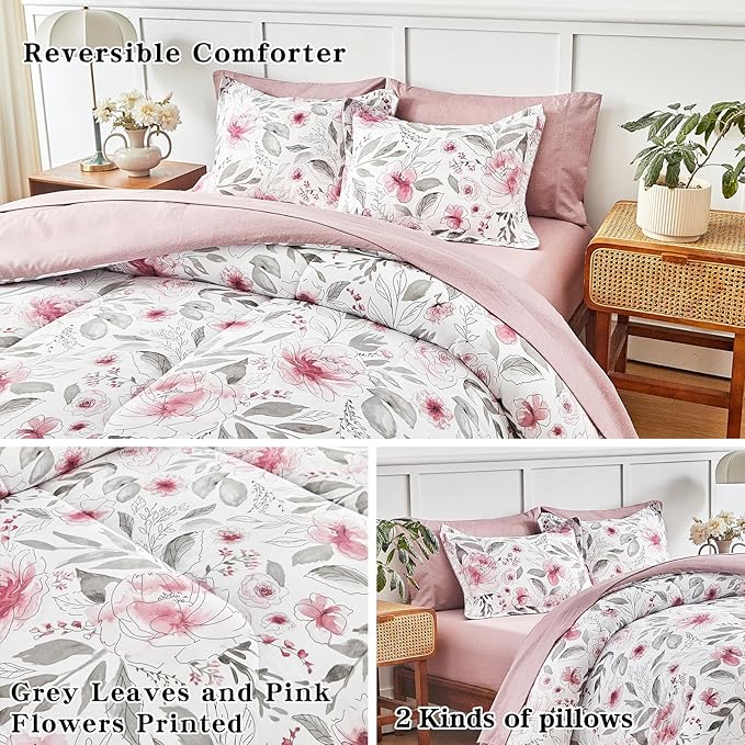 Flysheep Floral Bed in a Bag King Size 7 Pieces, Blush Pink and Grey Elegant Flowers Comforter Bedding Set for All Season (1 Comforter, 1 Flat Sheet, 1 Fitted Sheet, 2 Pillow Shams and 2 Pillowcases)