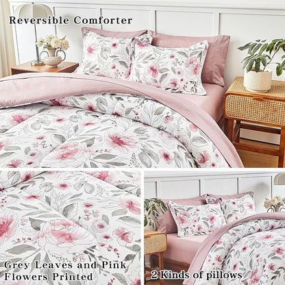 Flysheep Floral Bed in a Bag Queen Size 7 Pieces, Blush Pink and Grey Elegant Flowers Comforter Bedding Set for Women (1 Comforter, 1 Flat Sheet, 1 Fitted Sheet, 2 Pillow Shams and 2 Pillowcases)