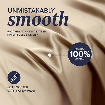 Beckham Hotel Collection Queen Sheet Set 100% Cotton, 500TC Luxury Sateen Bedding, 16” Deep Pocket, Moisture-Wicking, 4-Piece, Sand