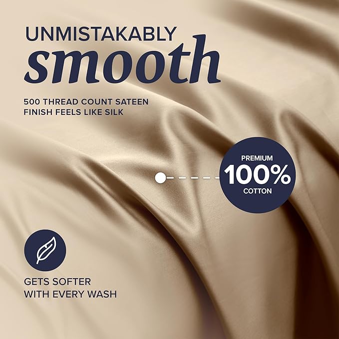 Beckham Hotel Collection Cal King Sheet Set 100% Cotton, 500TC Luxury Sateen Bedding, 16” Deep Pocket, Moisture-Wicking, 4-Piece, Sand