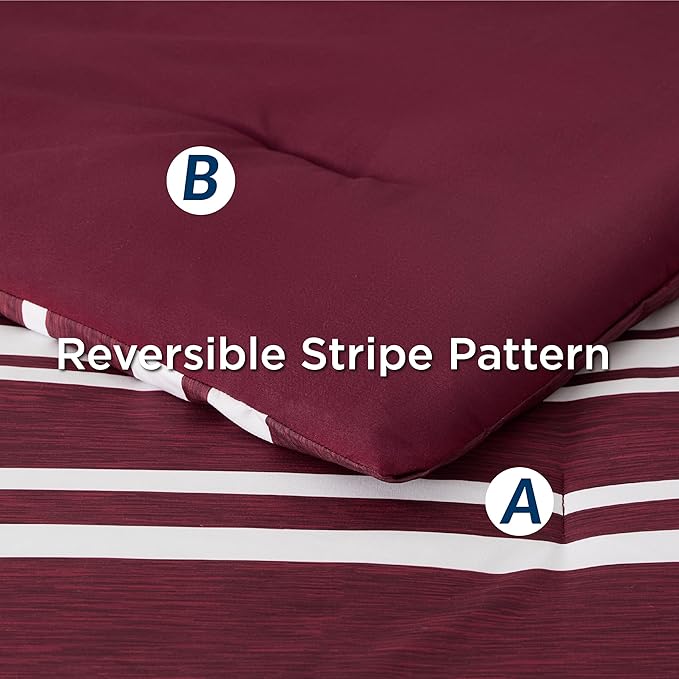 Bedsure Full Comforter Set 7 Pieces, Burgundy Striped Bedding Set for All Seasons, Reversible, Cationic Dyeing Bed in a Bag with Comforter, Sheets, Pillowcases & Shams