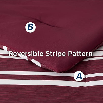 Bedsure Full Comforter Set 7 Pieces, Burgundy Striped Bedding Set for All Seasons, Reversible, Cationic Dyeing Bed in a Bag with Comforter, Sheets, Pillowcases & Shams