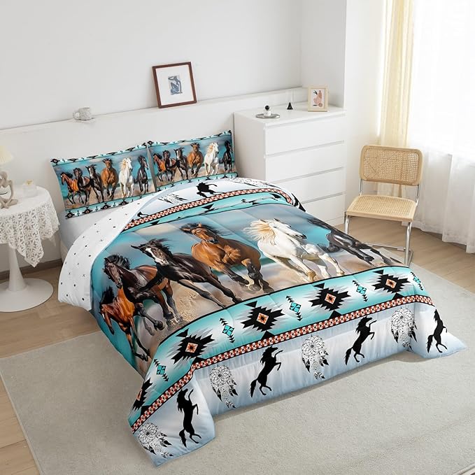 Erosebridal Horses Comforter Set Teal Southwestern Native Aztec Bedding Set,Farmhouse Wildlife Duvet Insert Indian Tribal Geometric Quilt Full,Bohemian Dream Catchers Retro Exotic Boho Decor