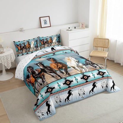 Erosebridal Horses Comforter Set Teal Southwestern Native Aztec Bedding Set,Farmhouse Wildlife Duvet Insert Indian Tribal Geometric Quilt Full,Bohemian Dream Catchers Retro Exotic Boho Decor