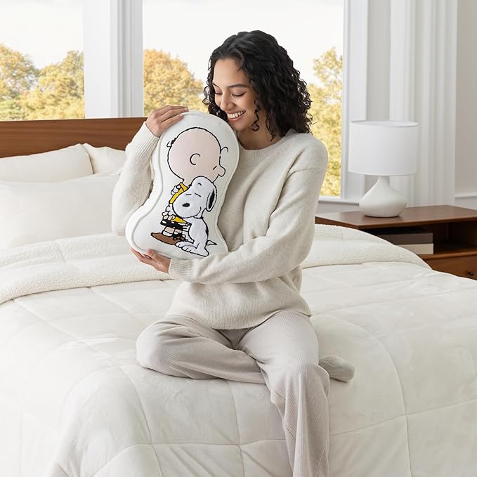 Berkshire Peanuts® Plush Throw Pillow, Gift Idea, Snoopy Cute Character Shaped Cushion, Soft Cozy Decor for Bed Couch Chair(75th Charlie Brown + Snoopy Hugs Pillow All Colorways, 15.5’’ L)
