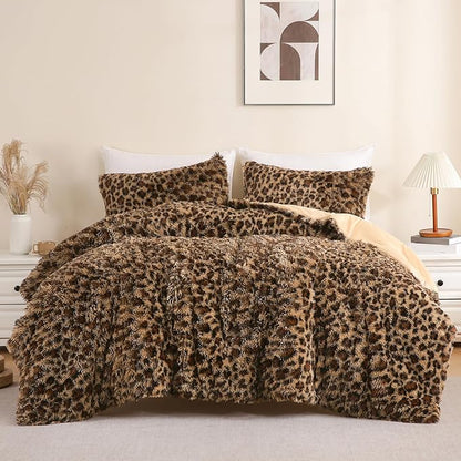 Cheetah Print Fluffy Faux Fur Comforter Set King Size, 3 Pieces Brown Leopard Plush Shaggy Fuzzy Bedding Set, Ultra Soft Luxury Furry Boho Animal Print Winter Warm Comforter for Women Gilrs