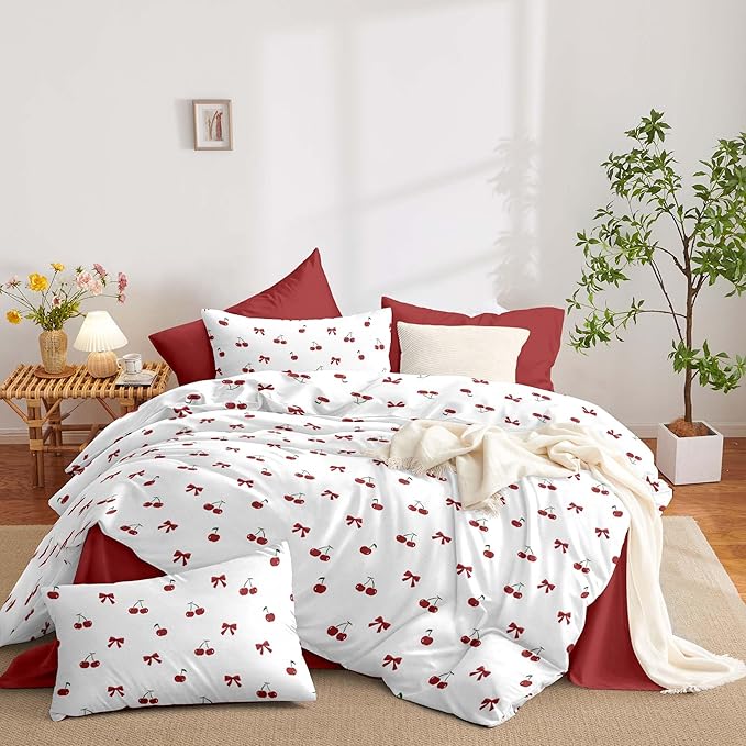 Nayoroom Red Cherry Comforter Set Queen Size Cute Bow Comforter 3 Pieces Soft Lightweight Kids Girls Aesthetic Dorm Bedding Set for All Seasons